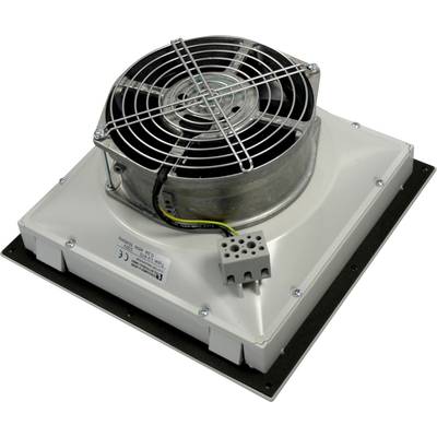 Ein quadratischer Ventilator mit Schutzgitter und elektrischem Anschlussblock, montiert auf einer Metallplatte.