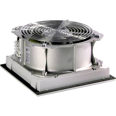 Ein großer Industrielüfter ohne Schutzgehäuse, montiert auf einer rechteckigen Basis. Die Ventilatorblätter sind aus Metall.