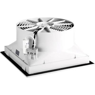 Industrie-Deckenventilator in weiß mit rechteckiger Basis, zentralem Lüfterblatt und angebrachtem Kondensator links.