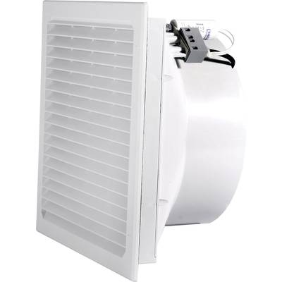 Ein weißer Lüftungsgitter mit angeschlossenem Ventilator. Das elektronische Bauteil ist auf der Rückseite angebracht.