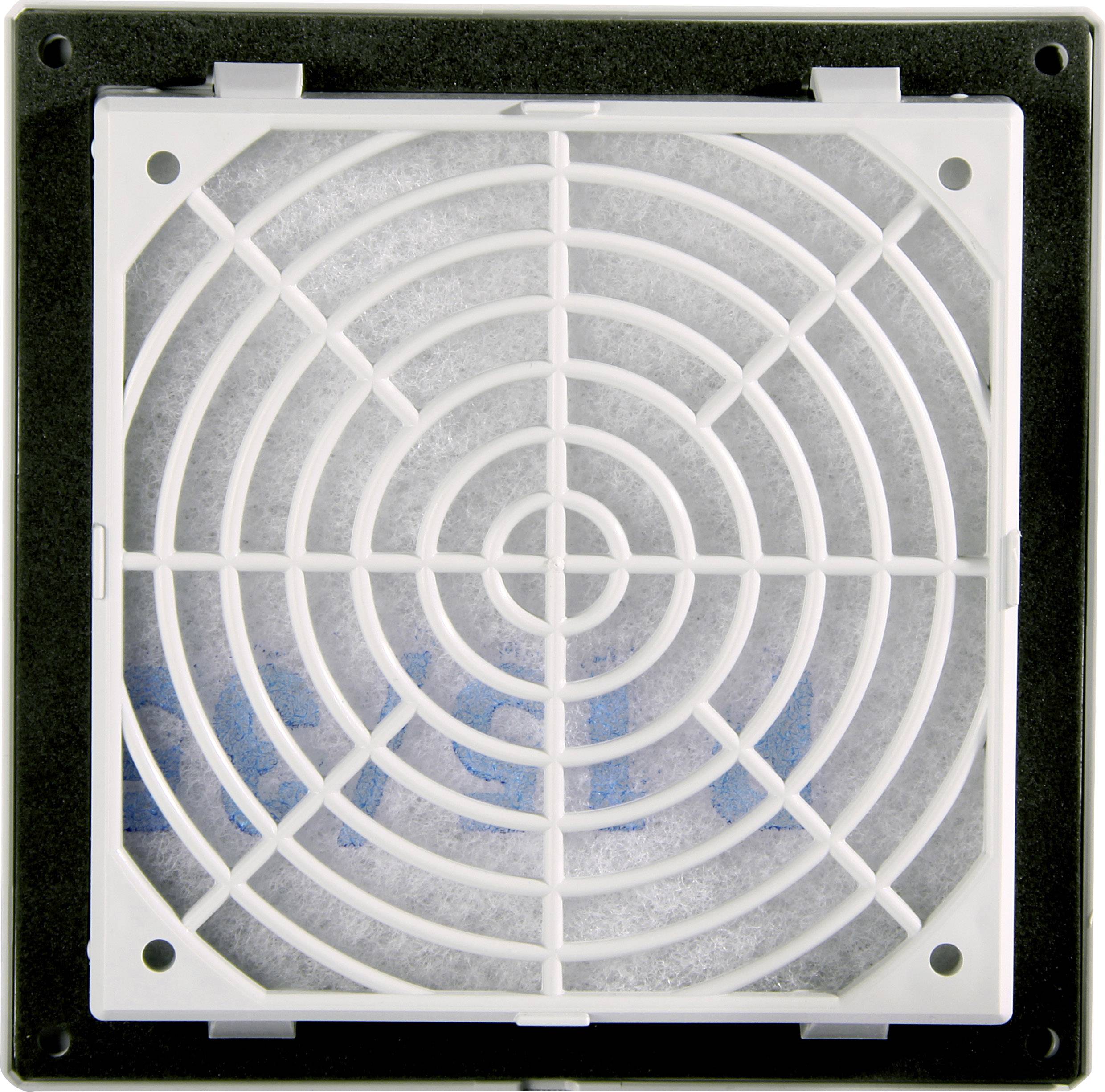 Ein quadratischer Ventilatorgrill mit weißem Gitter, montiert auf einem schwarzen Rahmen, vor einem feinen Filter.