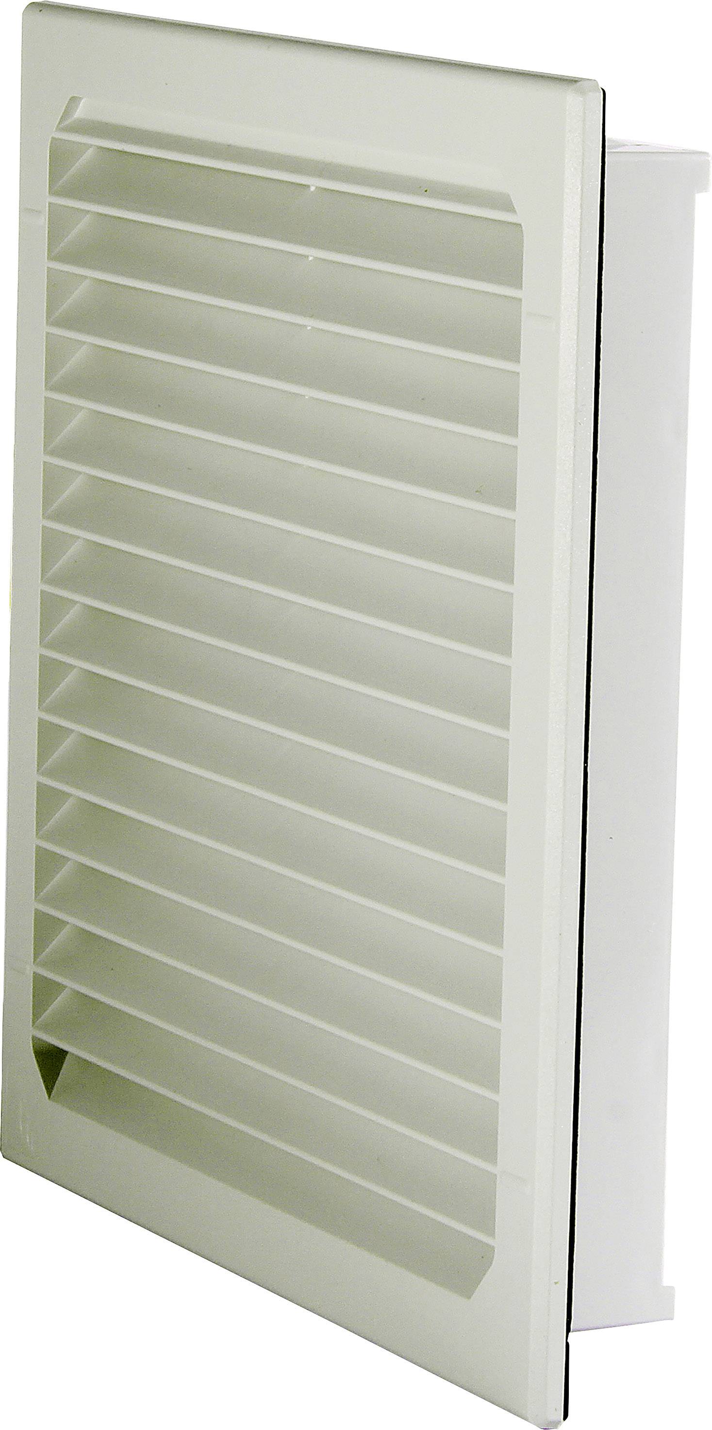 Lüftungsgitter aus weißem Kunststoff, schräger Blickwinkel.