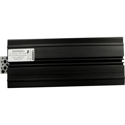 Ein schwarzes, rechteckiges Metallgehäuse mit seitlichen Kühlrippen und einem weißen, rechteckigen Warnaufkleber oben links.