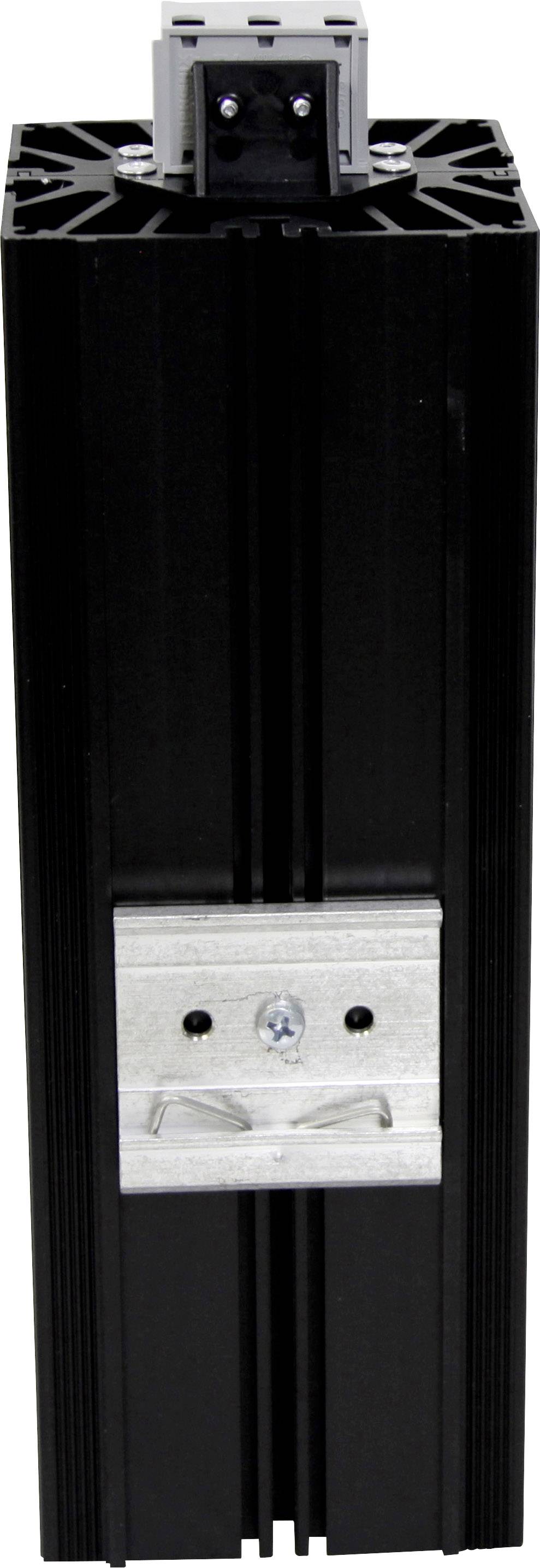 Ein schwarzer metallischer Kühlkörper mit einem grauen Anschlussstück an der Oberseite.