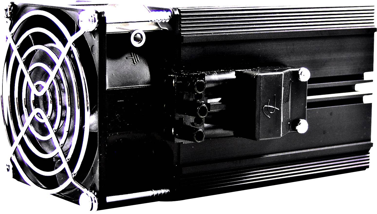 Ein schwarzer Kühlkörper mit Lüfter, vermutlich Teil einer elektrischen oder technischen Ausrüstung, vor weißem Hintergrund.