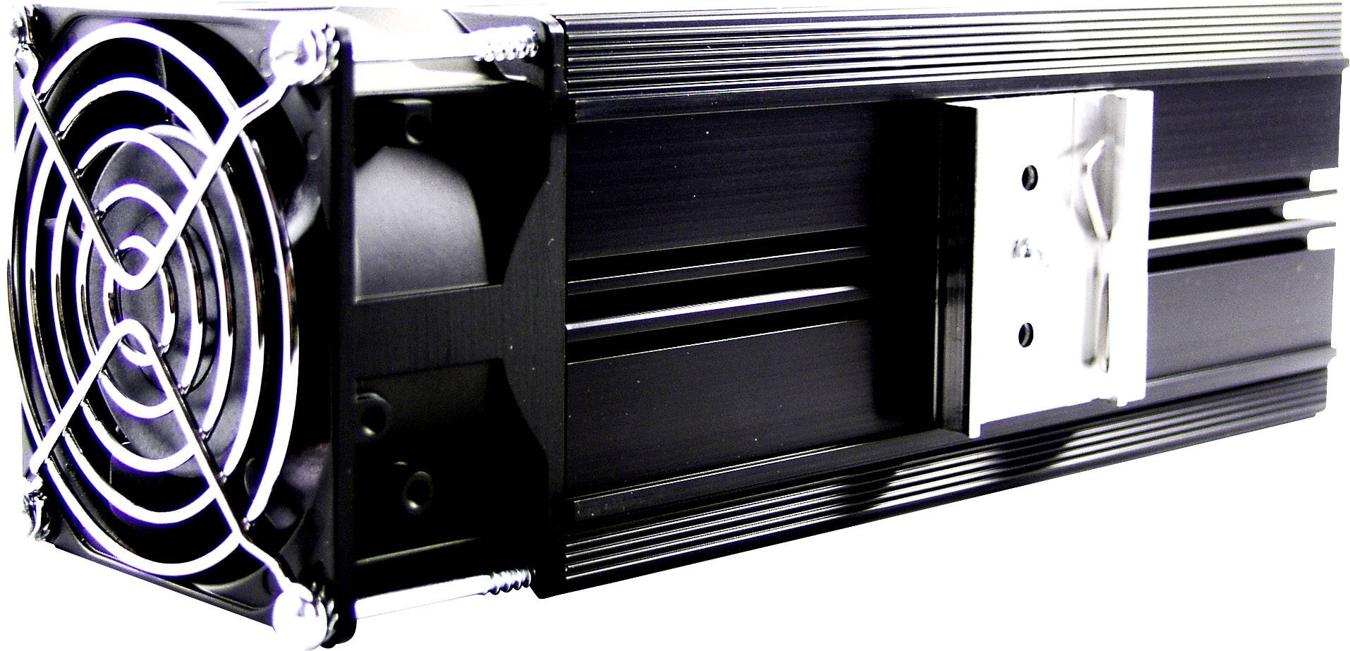 Schwarzes, rechteckiges elektronisches Gerät mit Kühlventilator an der Seite.