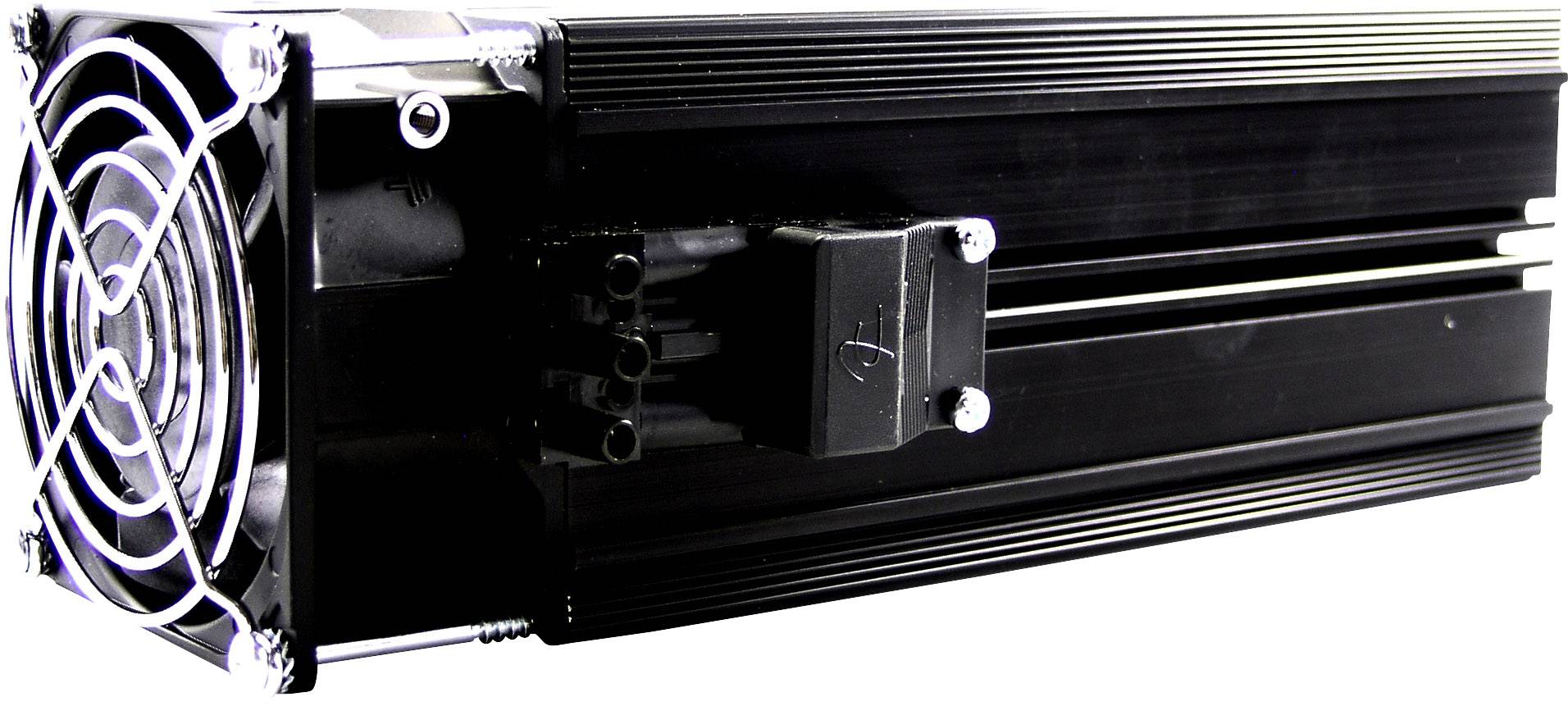 Ein rechteckiges, schwarzes elektronisches Gerät mit Lüfter auf der linken Seite; möglicherweise ein Computer-Mining-Gerät.