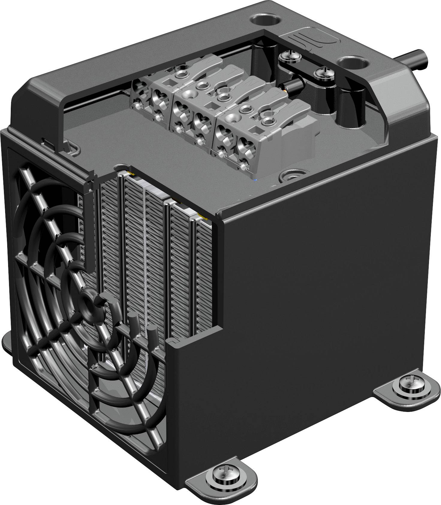 Ein schwarzes elektromagnetisches Relais mit Lüfter, zeigt innenliegende Spulenanschlüsse und Befestigungsschrauben.