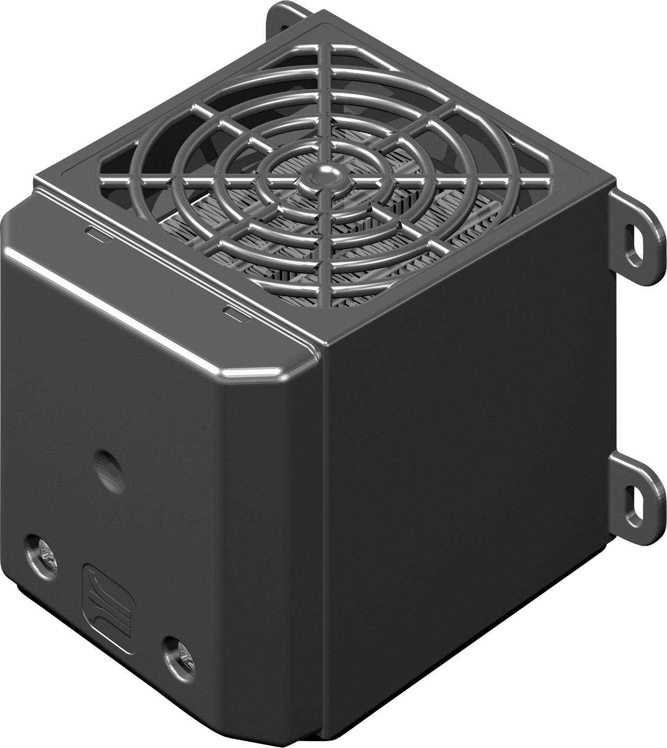 Ein schwarzer quadratischer Ventilator mit Schutzgitter und Befestigungslaschen an den Seiten.