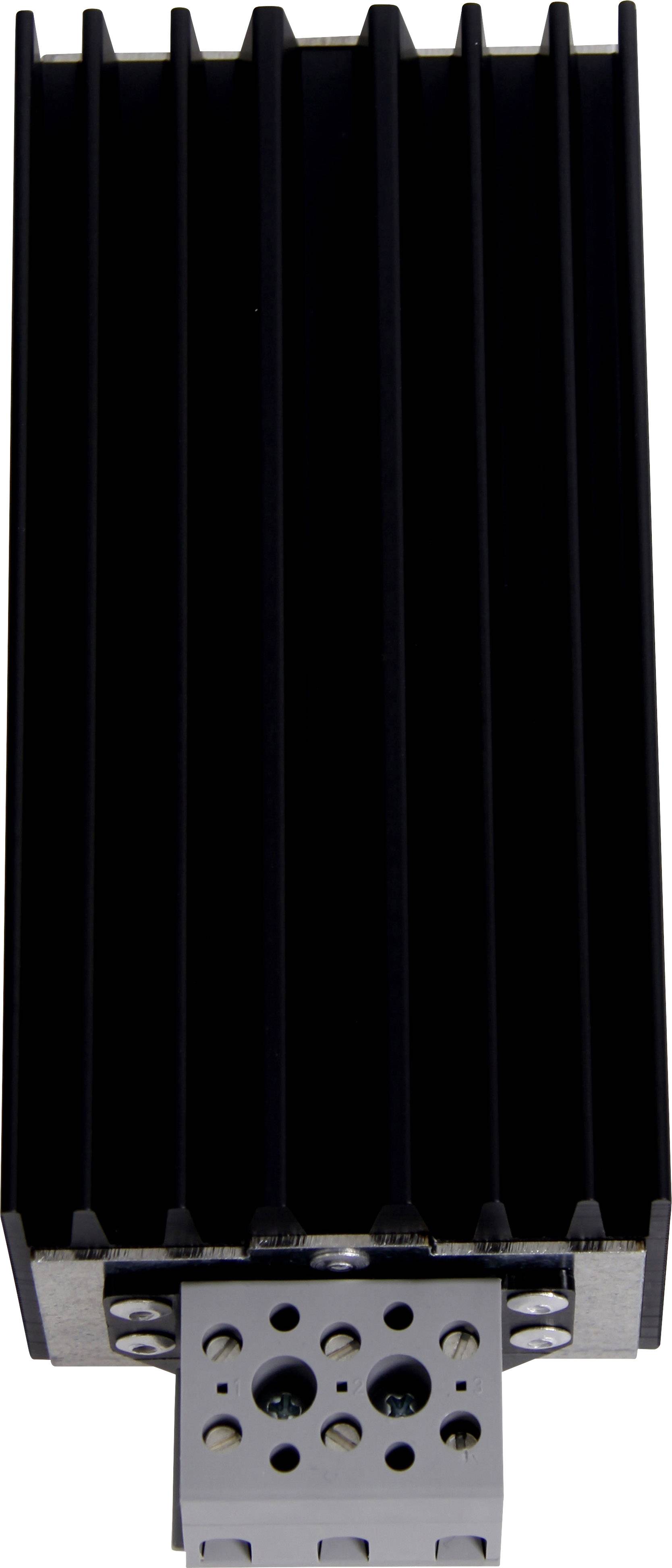 Ein schwarzer Aluminium-Kühlkörper mit vertikalen Rippen, montiert auf einer grauen Metallverbindung mit mehreren Löchern.