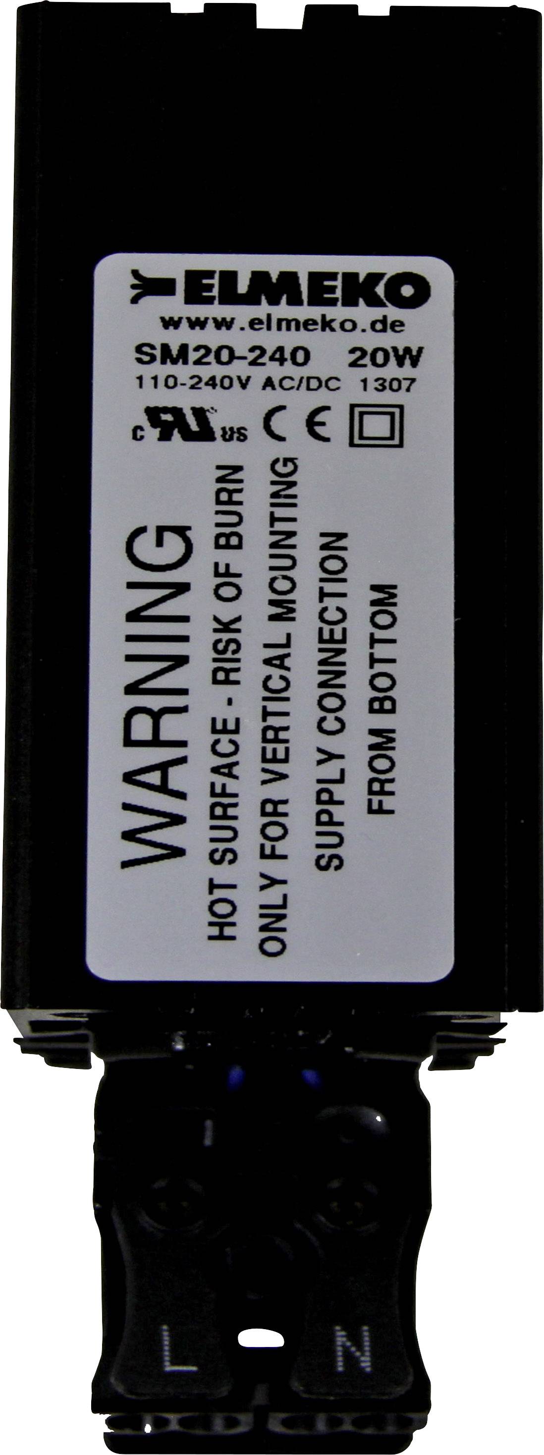 Ein rechteckiges elektrisches Bauteil der Marke Elmeko, Modell SM20-240, 20W, für vertikale Montage, mit Warnhinweis 'Hot Surface'.