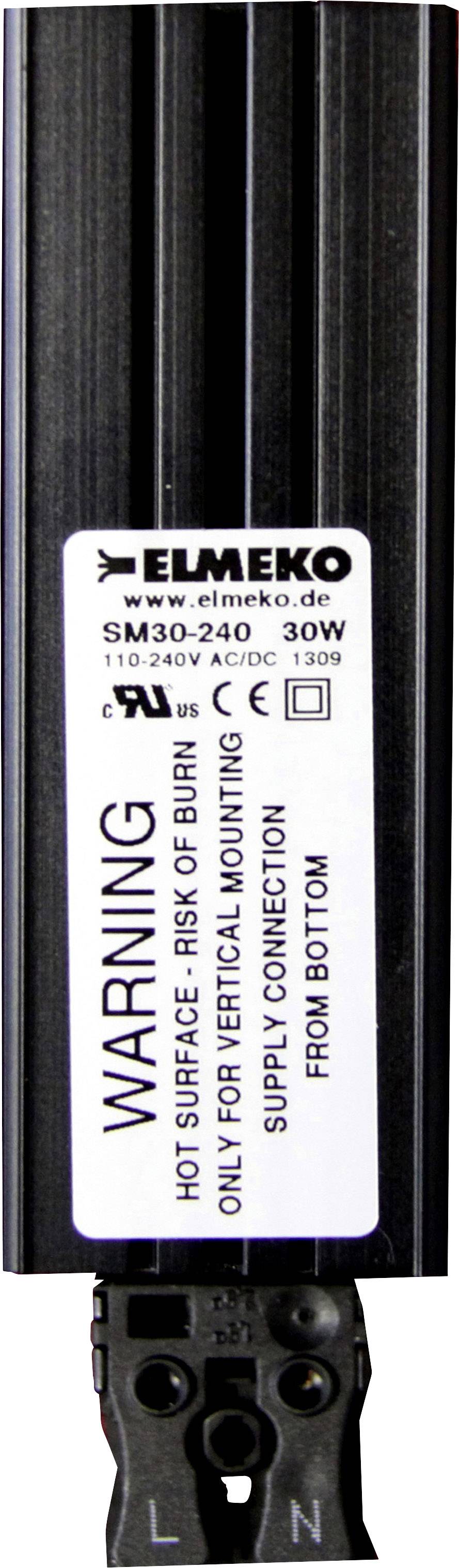 Schwarzes Heizelement mit weißem Etikett, auf dem 'ELMEKO', Modell SM30-240, 30W steht. Warnung vor heißer Oberfläche und Montagehinweise.