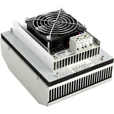 Ein Elektronikgerät mit einem Kühlkörper und Lüfter, sowie einem elektrischen Anschlussblock, montiert auf einem Metallrahmen.