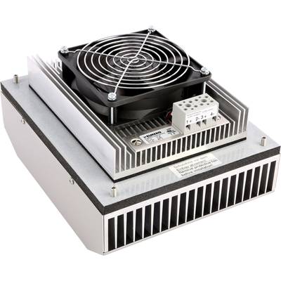 Kühlkörper mit Lüfter zur Wärmeableitung. Rechteckige Form, silberne und schwarze Komponenten, mit einem elektrischen Anschlussblock.
