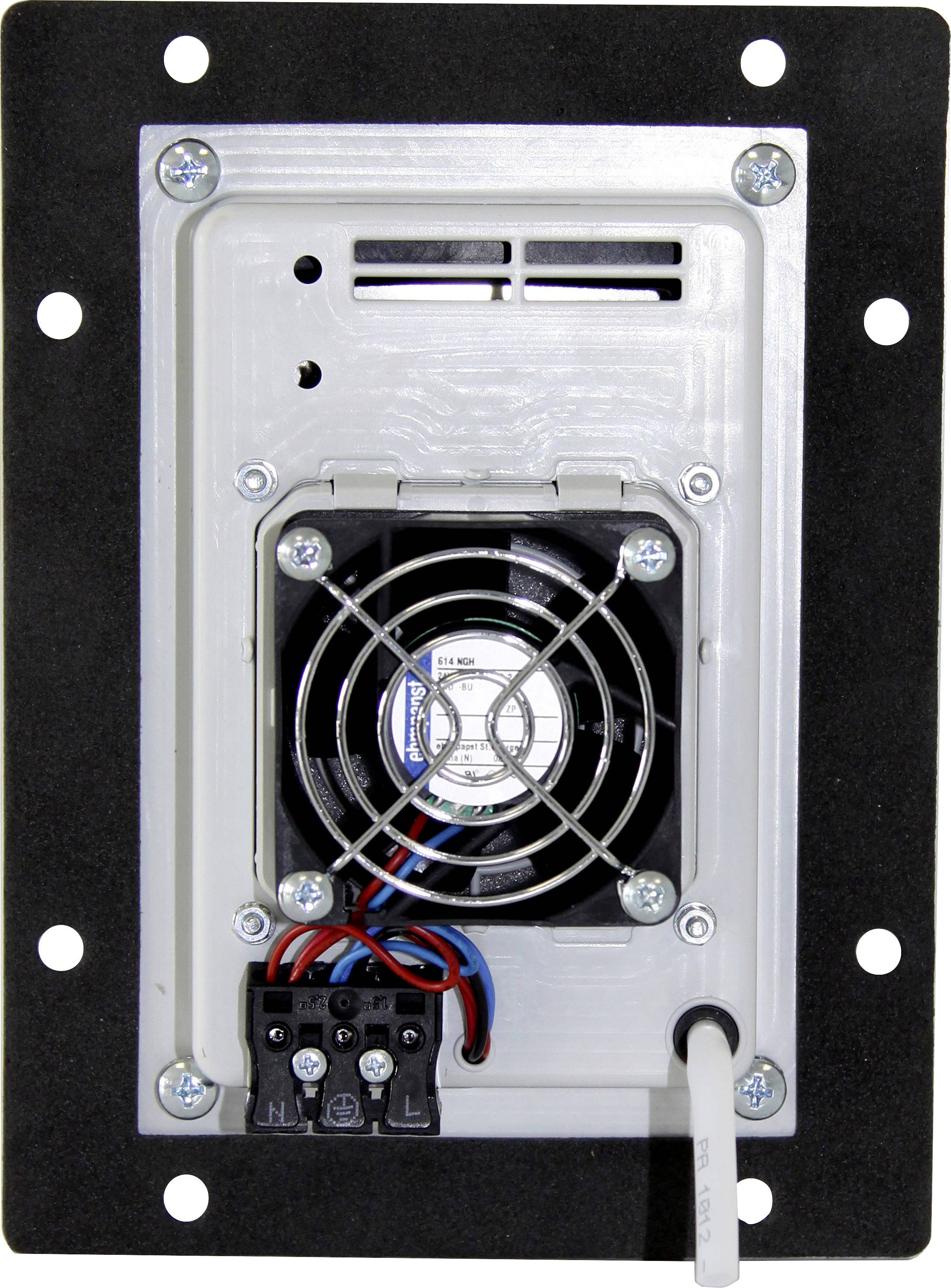 Ein Ventilator mit Kabelanschlüssen auf einer rechteckigen Metallplatte, montiert mit Schrauben, vermutlich zur Kühlung in einem Gerät.