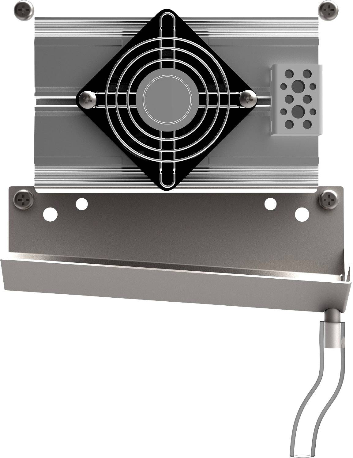 Eine graue, industrielle Metallhalterung mit integriertem Lüfter, mehreren Lüftungsschlitzen und einer Aufhängung an der Unterseite.