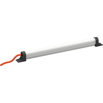 Eine lange, zylinderförmige LED-Lampe mit einem roten Kabel, montiert zwischen zwei schwarzen Halterungen, vermutlich zur Beleuchtung.