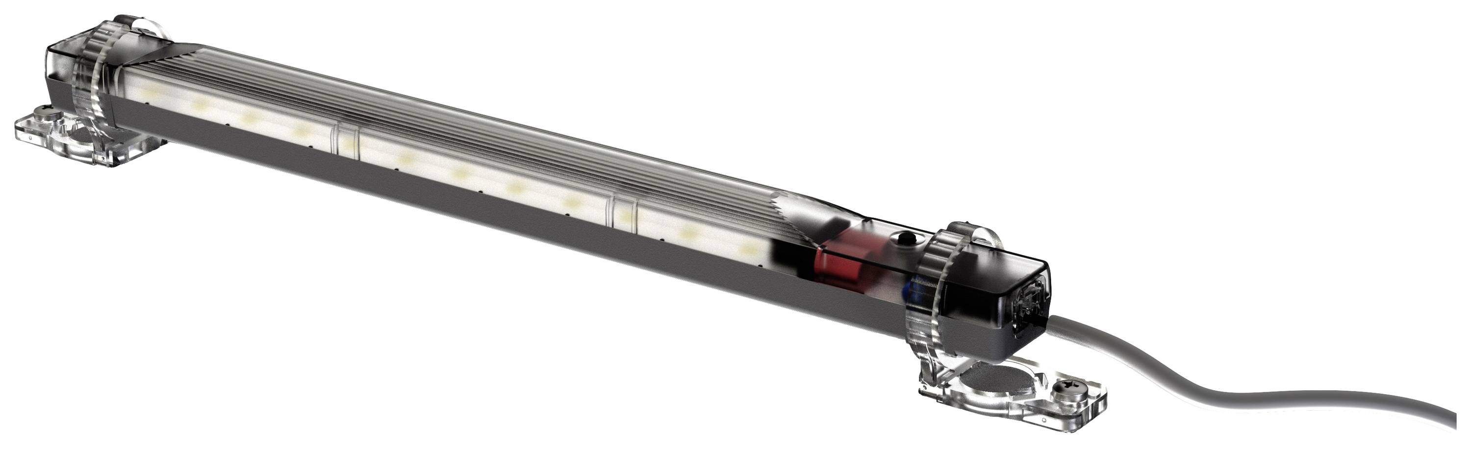 Ein rechteckiges LED-Licht in einem schmalen, transparenten Gehäuse mit einem Kabel an einem Ende.