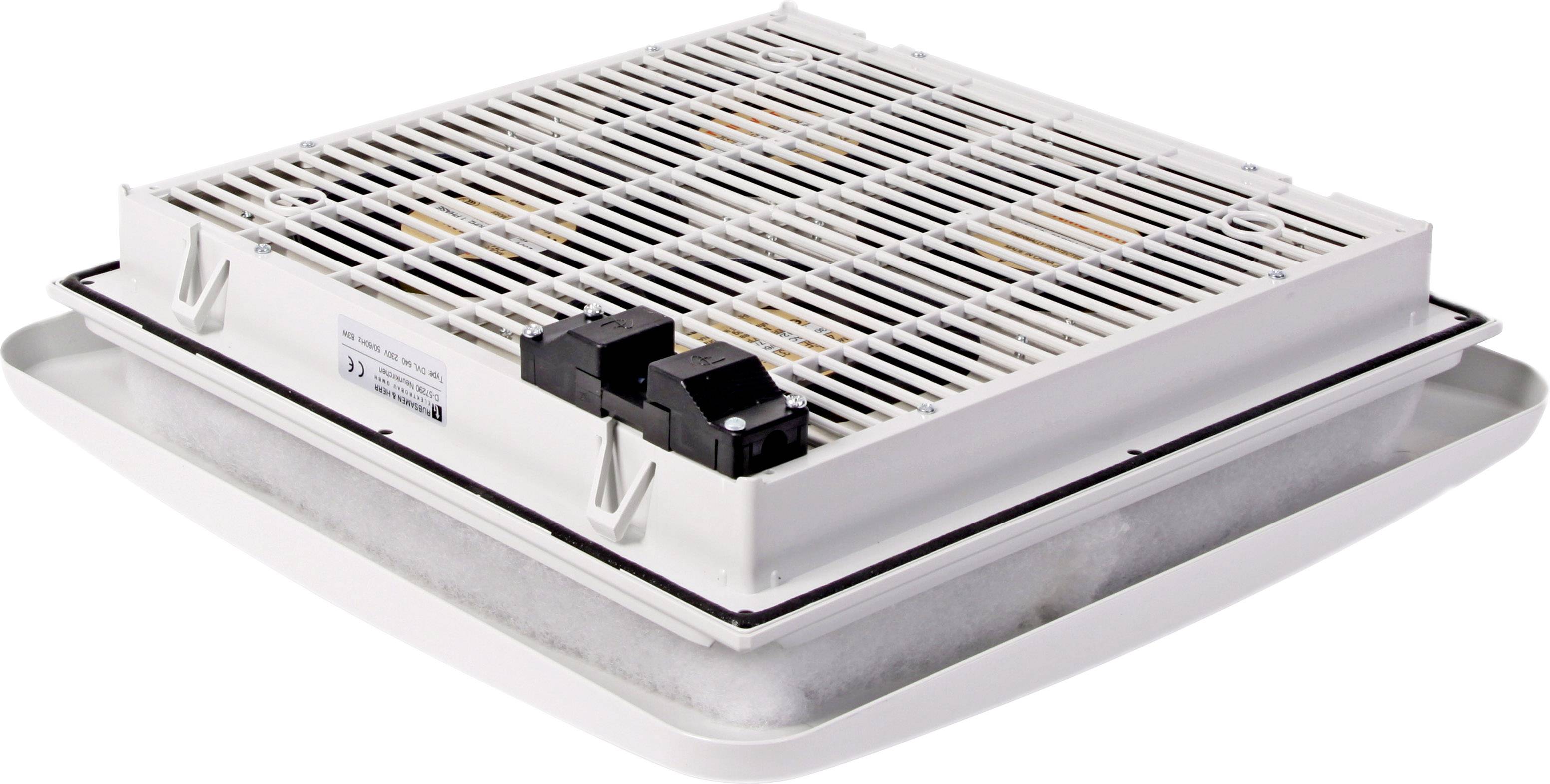 Ein weißer Lüftungsventilator mit rechteckigem Gitter und elektronischen Komponenten oben drauf.