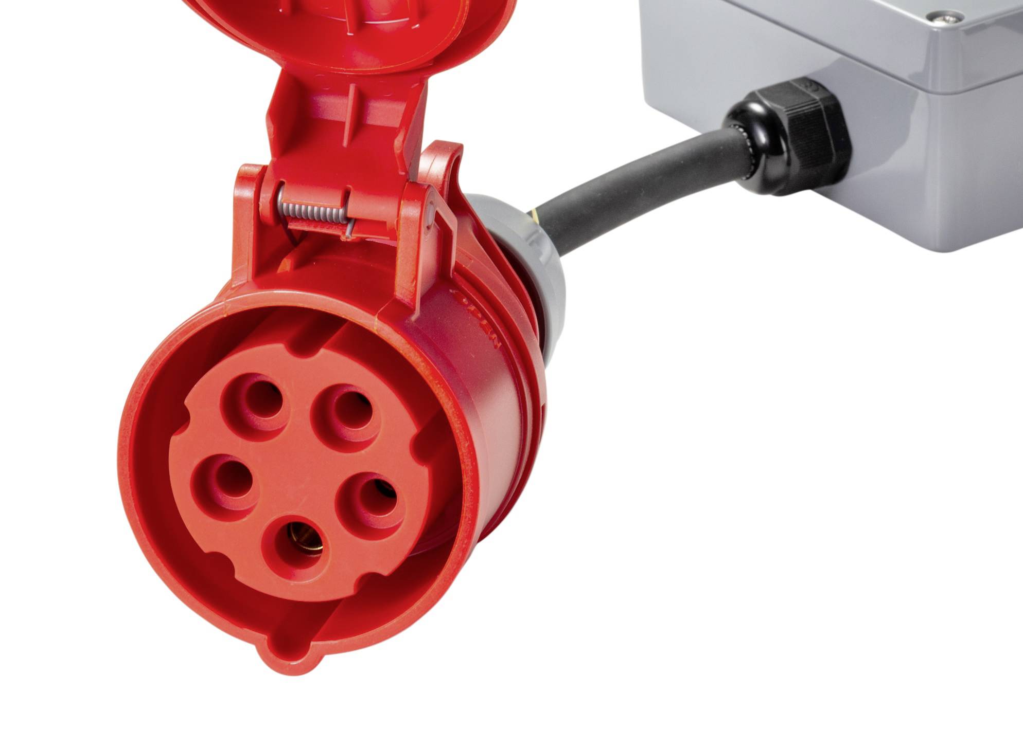 Roter, mehrpoliger Industriestecker verbunden mit einer grauen Anschlussbox.