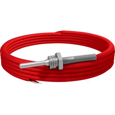 Roter Temperatursensor mit Metall-Gewindestück und Anschlusskabel, geeignet für industrielle Anwendungen.