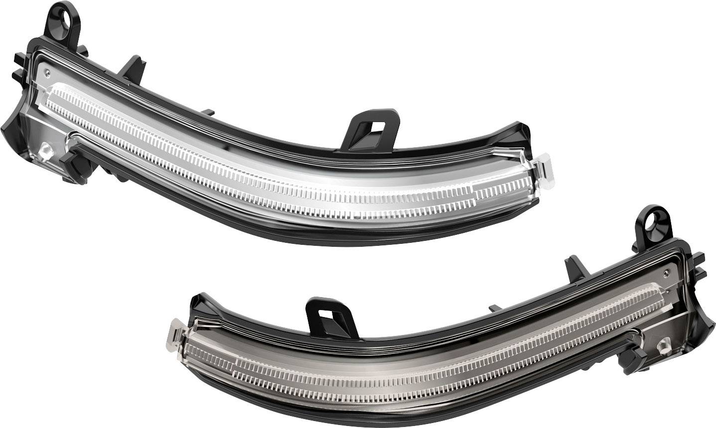 Zwei geschwungene LED-Blinklichter, eines transparent, das andere rauchgrau, nebeneinander dargestellt.