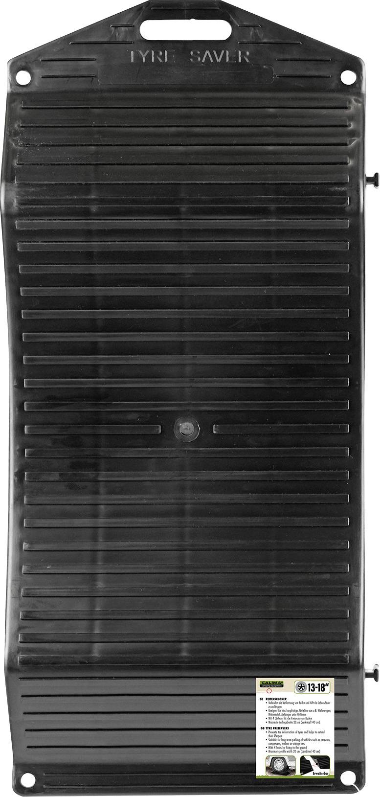 Schwarze, rechteckige Auffahrrampe aus Kunststoff mit gerippter Oberfläche, beschriftet mit 'TYRE SAVER', zur Vermeidung von Reifenschäden.