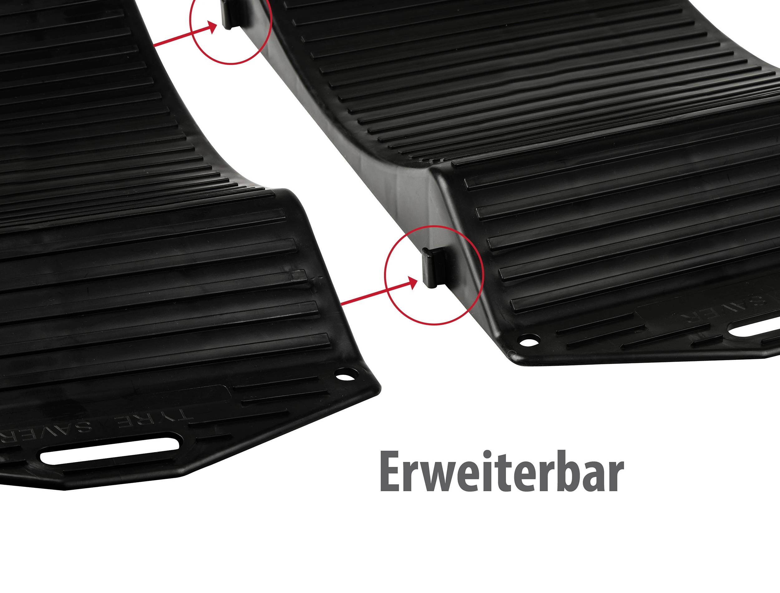 Zwei schwarze Verbindungspaneele mit roten Markierungen; beschriftet mit 'Erweiterbar'. Geeignet zum Verlängern oder Anpassen.