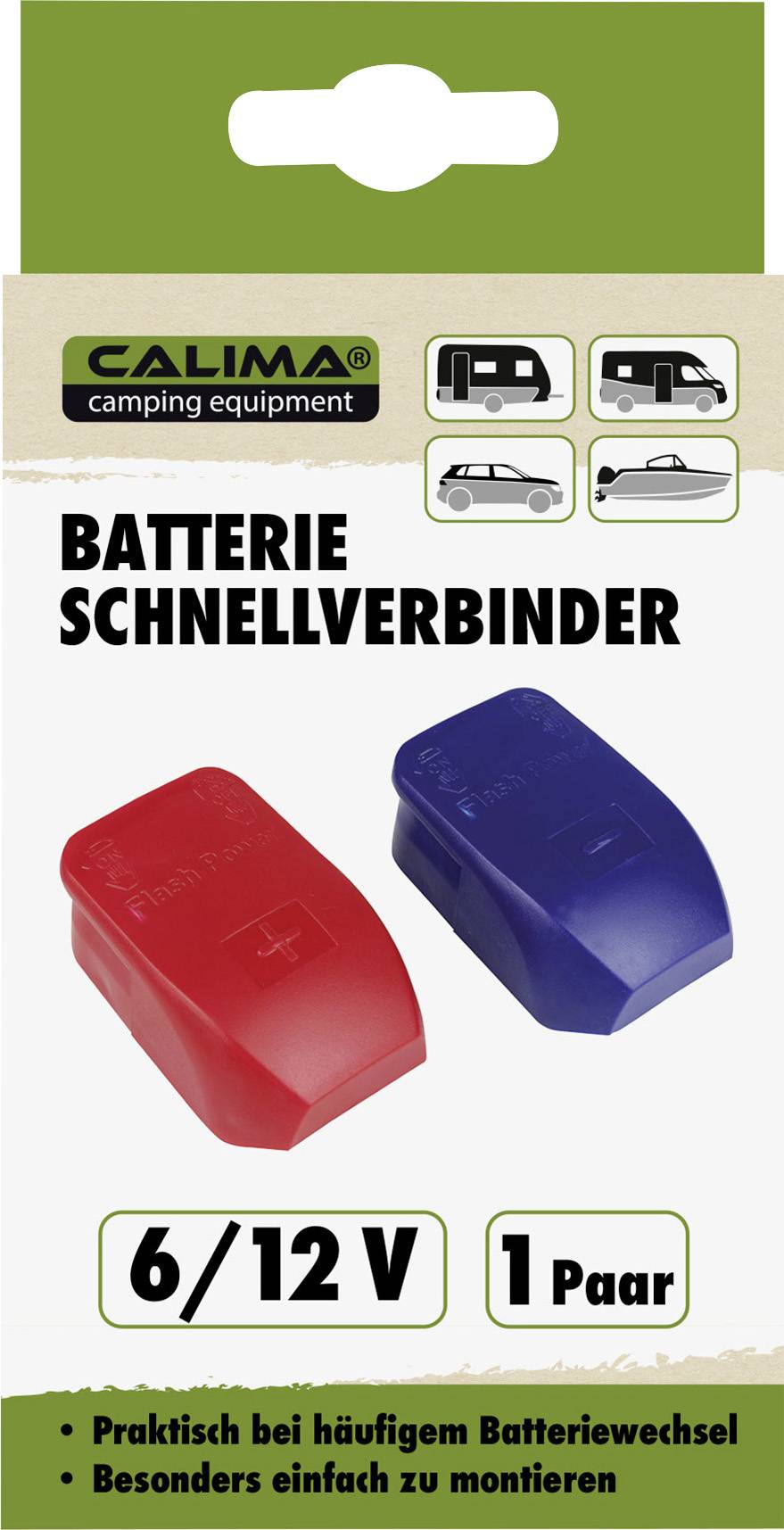 'Calima Batterien-Schnellverbinder', rote und blaue Verbinder für 6/12 V Batterien, praktisch für häufigen Wechsel; 1 Paar.