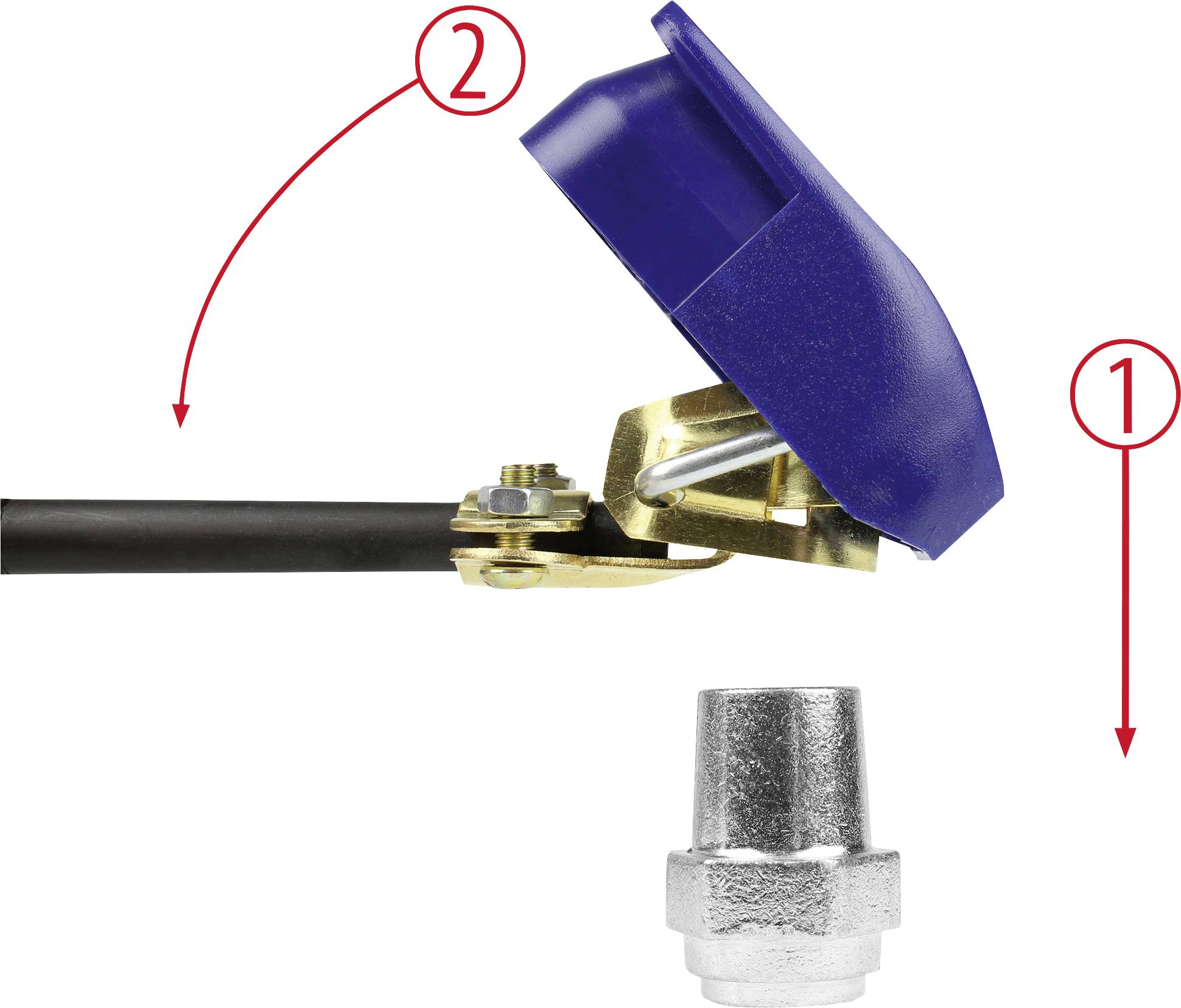 '1' zeigt auf eine metallische Verbindungsmutter. '2' zeigt auf eine blaue Abdeckung, die über einem Kabelschuh angebracht ist.