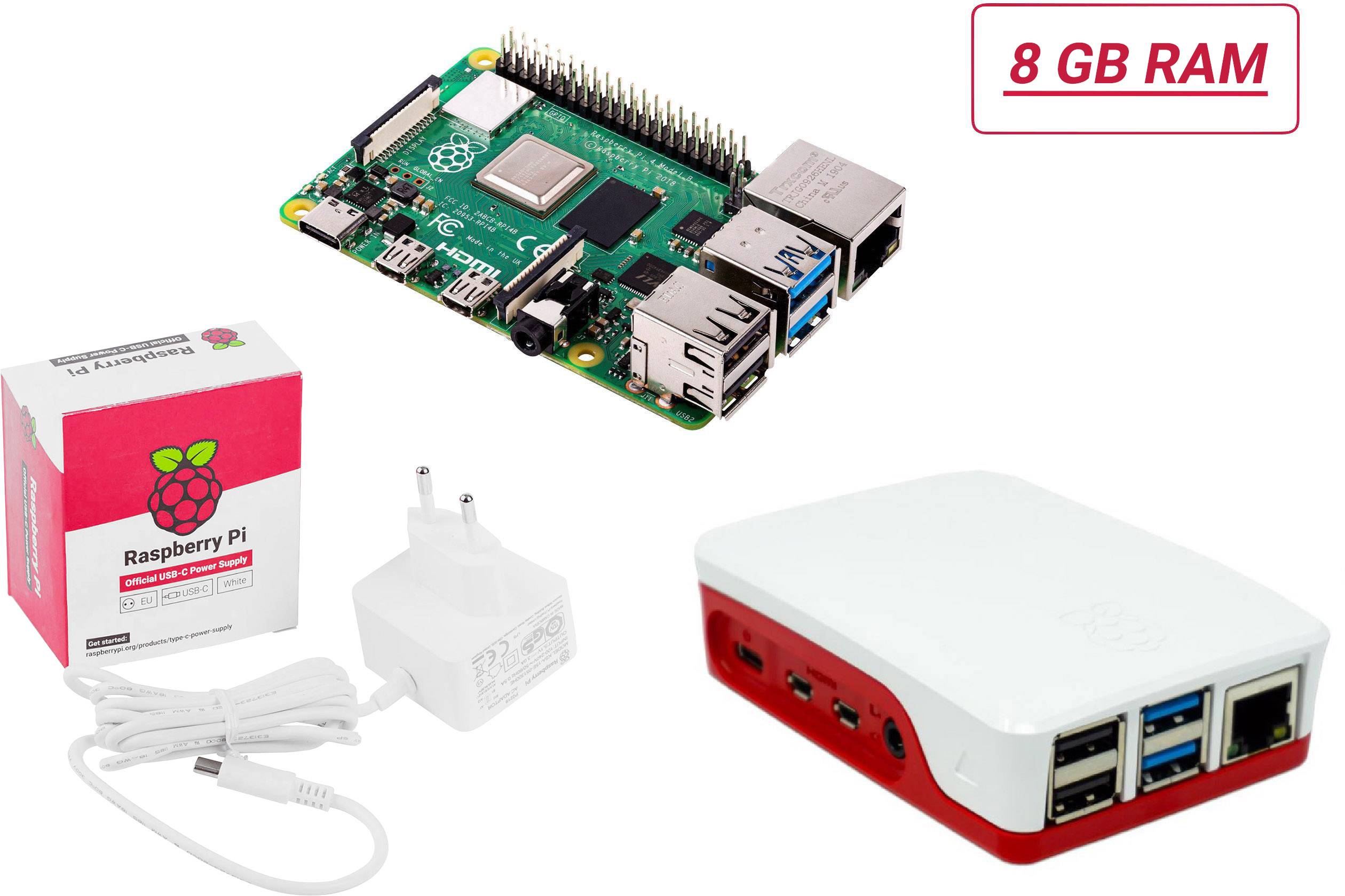 'Raspberry Pi 4 Modell B' mit 8 GB RAM, Netzteil, Gehäuse und Verpackung. Kleine, leistungsstarke Platine für DIY-Projekte.