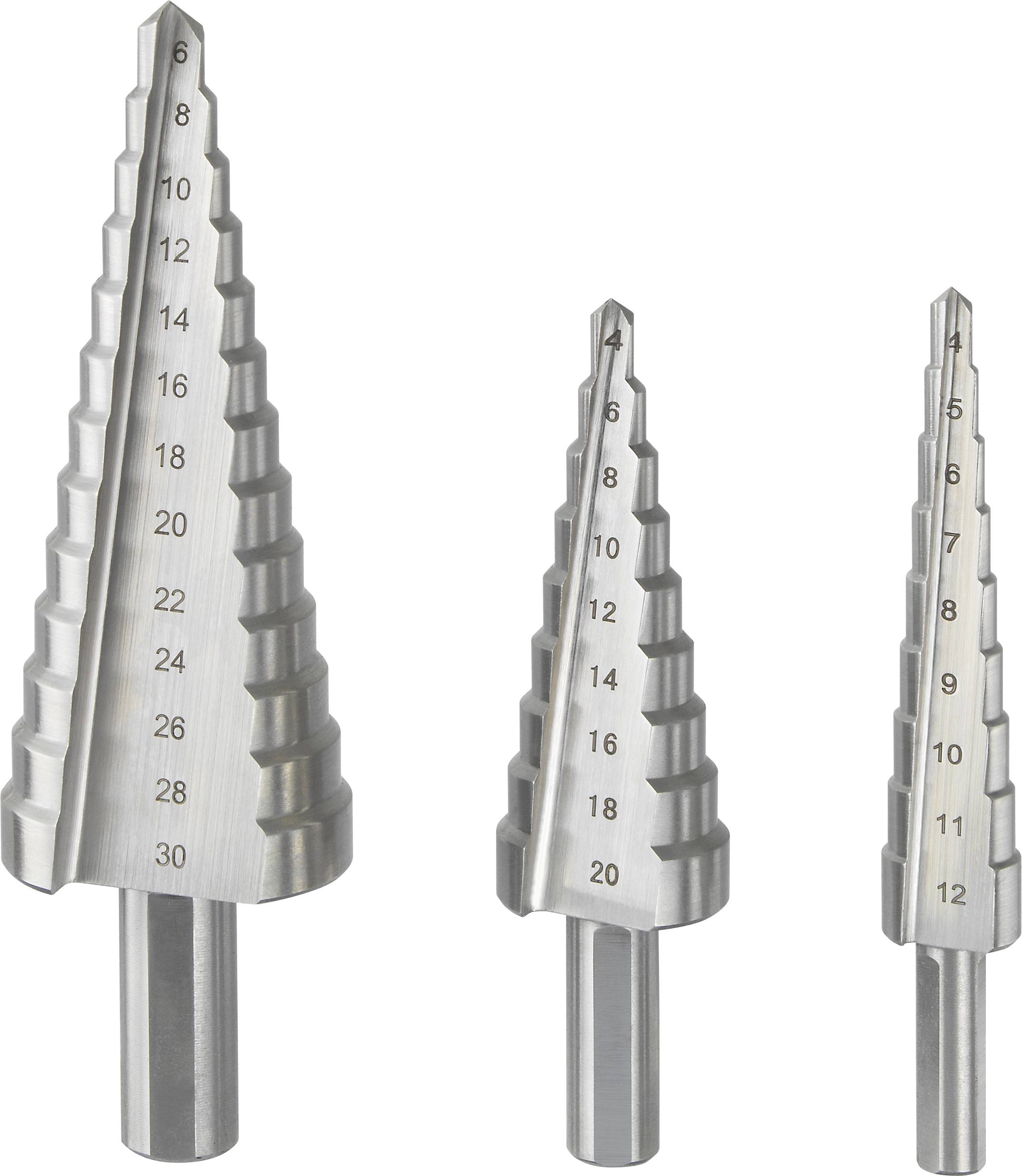 'Drei silberne Stufenbohrer mit Größenmarkierungen von 4 bis 32 mm. Geeignet für Bohren verschiedener Lochdurchmesser.'
