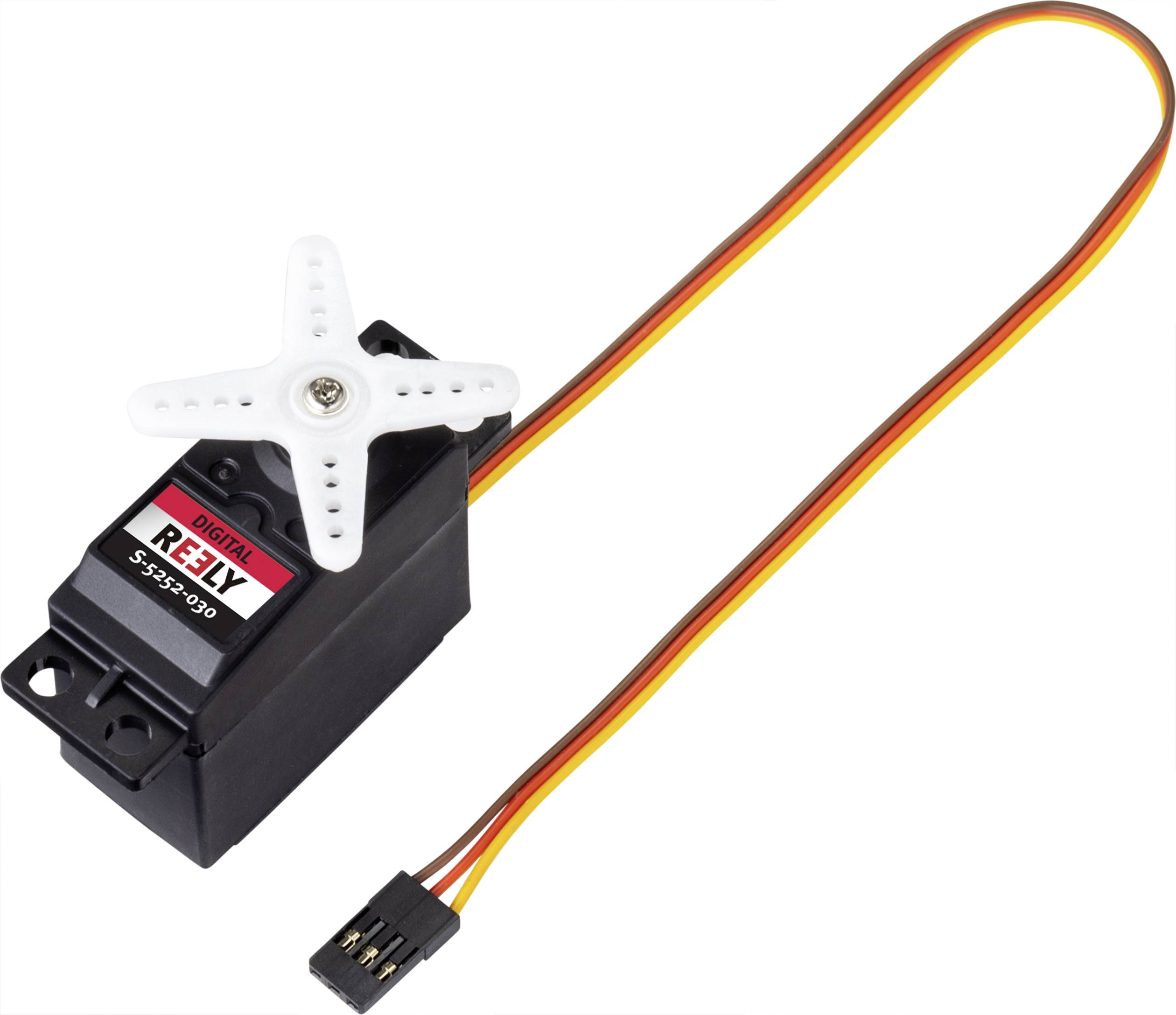 Ein schwarzer Servomotor mit rot-weißem Etikett, auf dem 'REELY' steht. Oben ist ein weißes Kreuz aus Kunststoff montiert; rechts sind bunte Kabel.