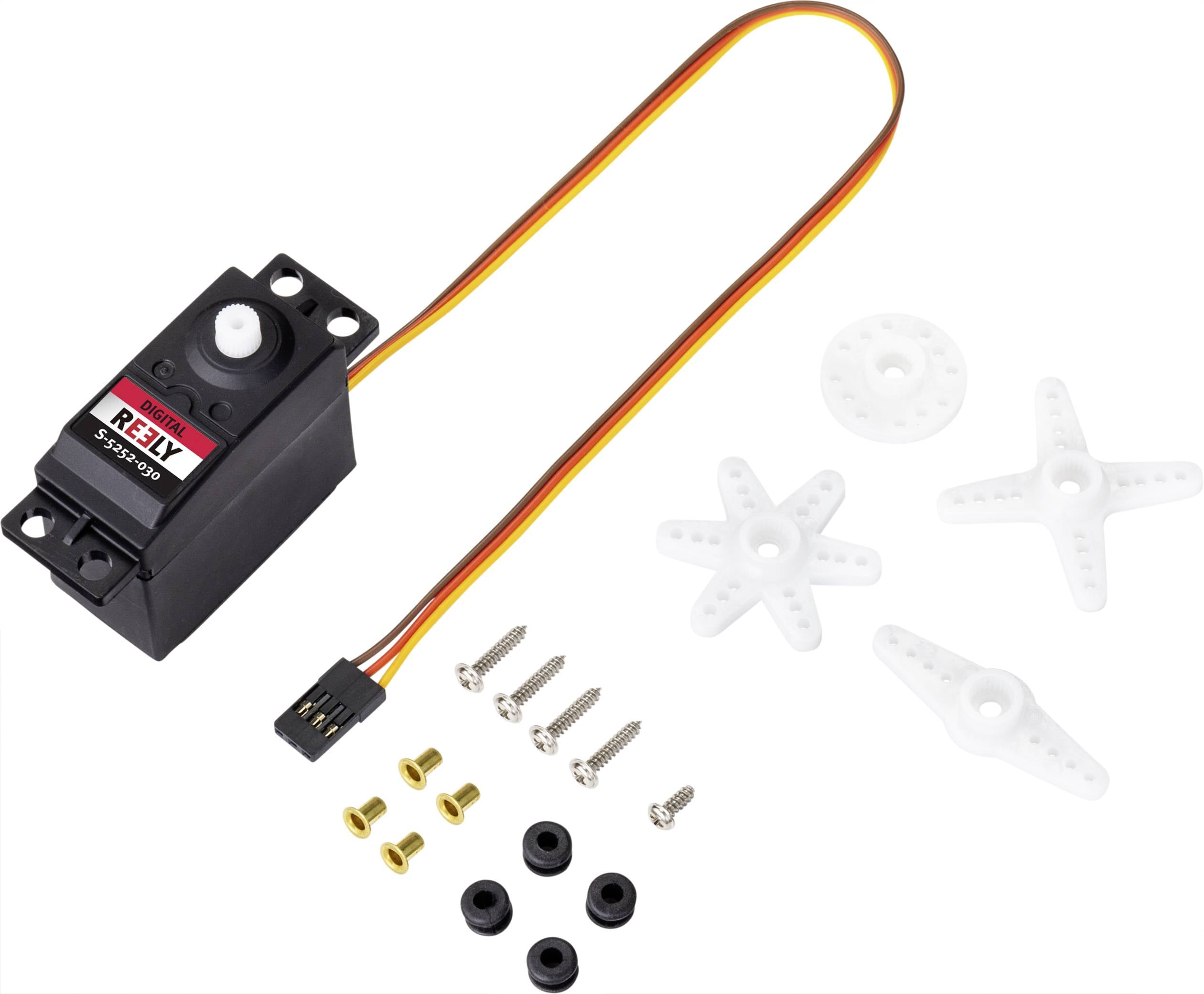 Ein Modellbauservo mit Kabel und Stecker. Daneben liegen verschiedene Befestigungsteile, darunter Schrauben und Zahnkränze.