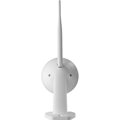 Kamera mit Antenne, seitliche Ansicht. Das Gerät ist weiß und hat eine lange, vertikale Antenne oben in der Mitte.