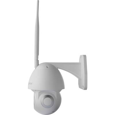Eine weiße Überwachungskamera mit Antenne ist an einer Wandhalterung befestigt, geeignet für Innen- oder Außenüberwachung.