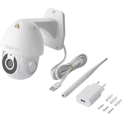 Überwachungskamera mit Wandhalterung, USB-Kabel und Zubehör. Perfekt für die Hausüberwachung.