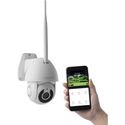 Sicherheitskamera an der Wand montiert, verbunden mit einem Smartphone, das eine Überwachungs-App zeigt.