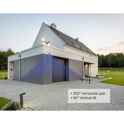 Modernes Einfamilienhaus mit Kameraüberwachung. Text im Bild besagt: '355° Horizontal pan, 90° Vertical tilt'. Haus mit Garten im Grünen.