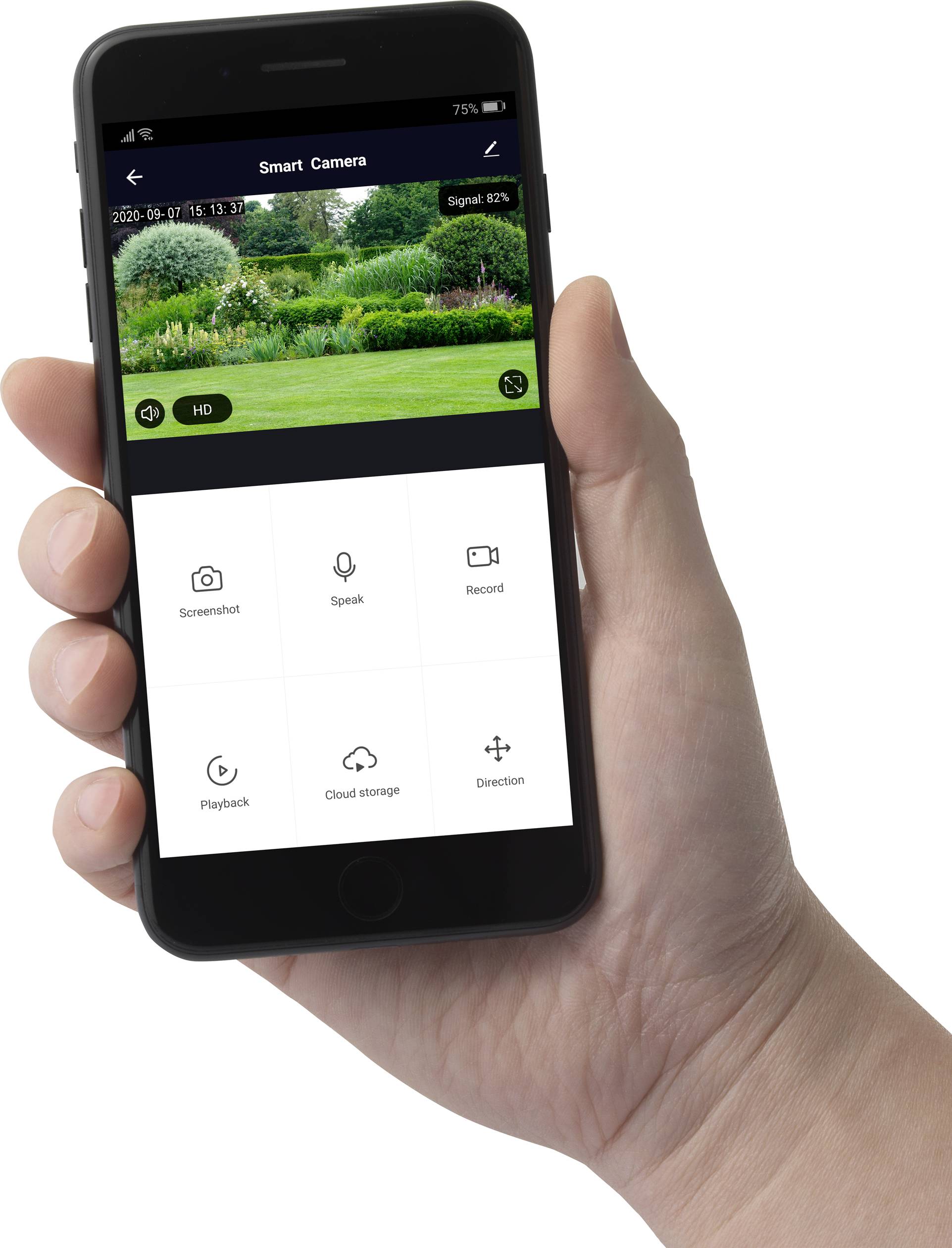 Eine Hand hält ein Smartphone mit einer geöffneten Überwachungs-App. Der Bildschirm zeigt ein Kamerabild eines Gartens und App-Funktionen.