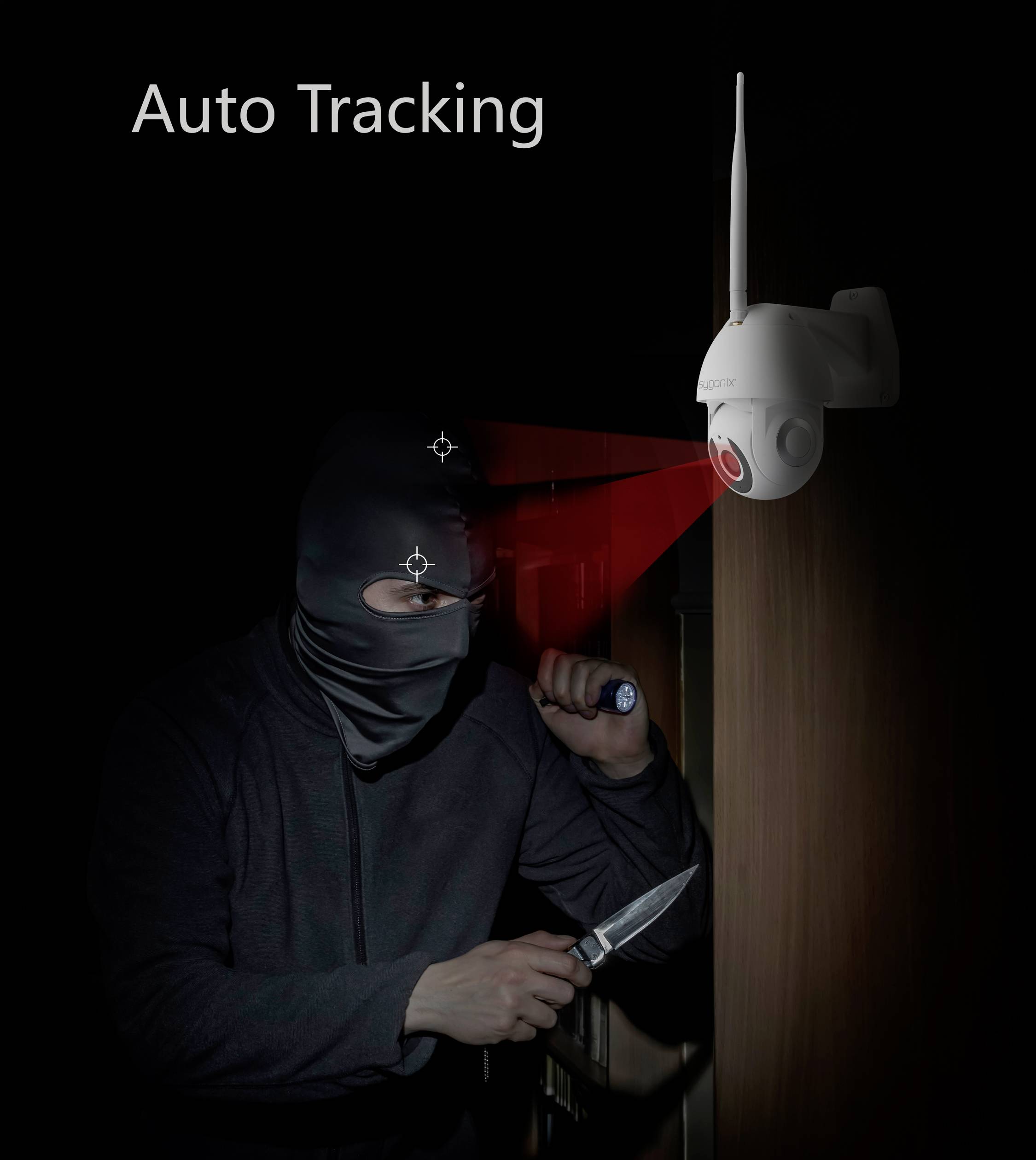 Ein Überwachungskamera verfolgt automatisch eine vermummte Person mit Taschenlampe und Messer. Radarlinien zeigen die Verfolgung.