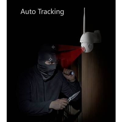 Ein Überwachungskamera verfolgt automatisch eine vermummte Person mit Taschenlampe und Messer. Radarlinien zeigen die Verfolgung.