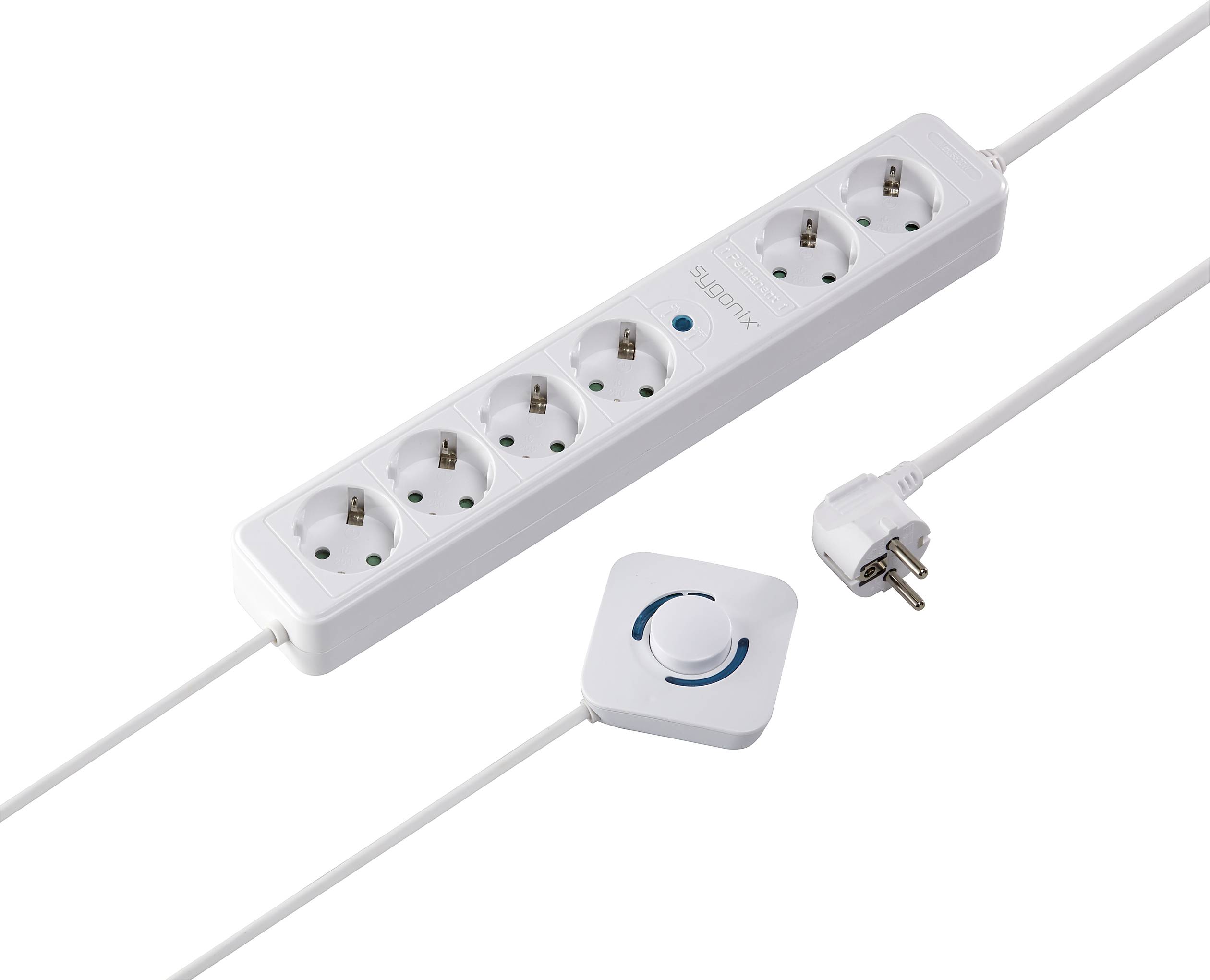 Sechsfache Steckdosenleiste mit Schalter und Stecker, geeignet für den Anschluss mehrerer Geräte gleichzeitig.