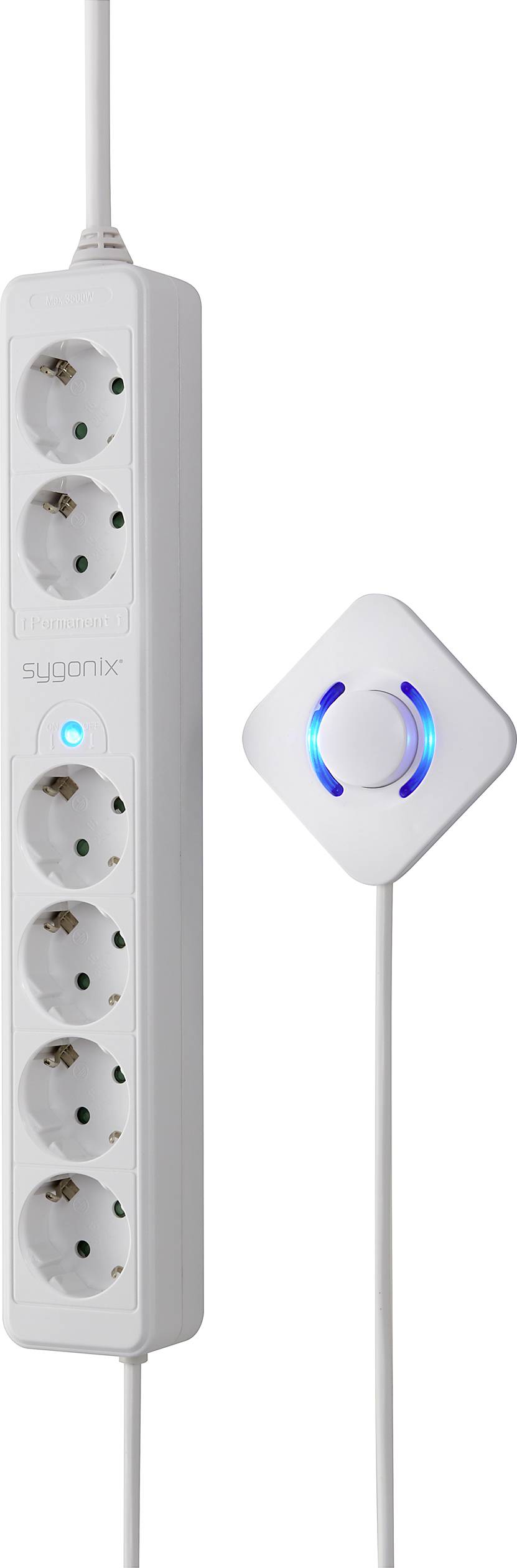 Eine weiße Steckdosenleiste mit sechs Steckplätzen und einem angeschlossenen quadratischen Gerät mit blauem Licht.