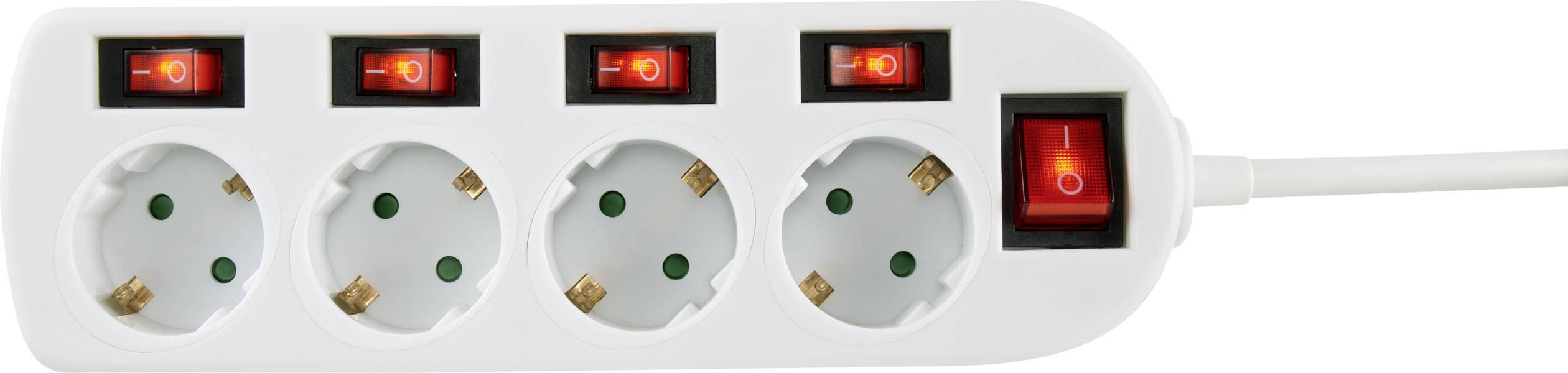 Vierfach-Steckdosenleiste mit roten Ein-/Ausschaltern. Alle Schalter sind auf 'Ein'.
