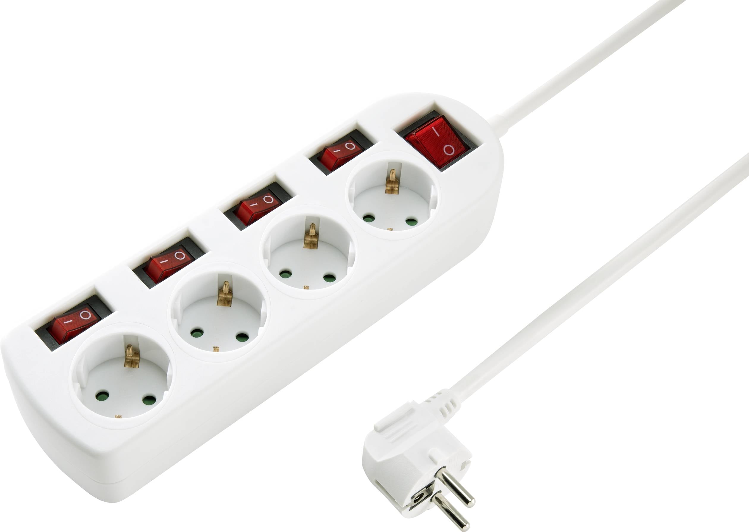 Weiße Steckdosenleiste mit vier Steckplätzen und roten Schaltern, europlug Kabelanschluss sichtbar.