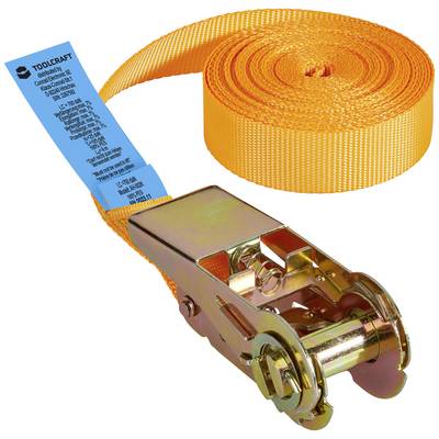 Ein orangefarbener Spanngurt mit Ratsche für sichere Lastbefestigung, trägt ein blaues Etikett mit technischen Details der Marke Toolcraft.