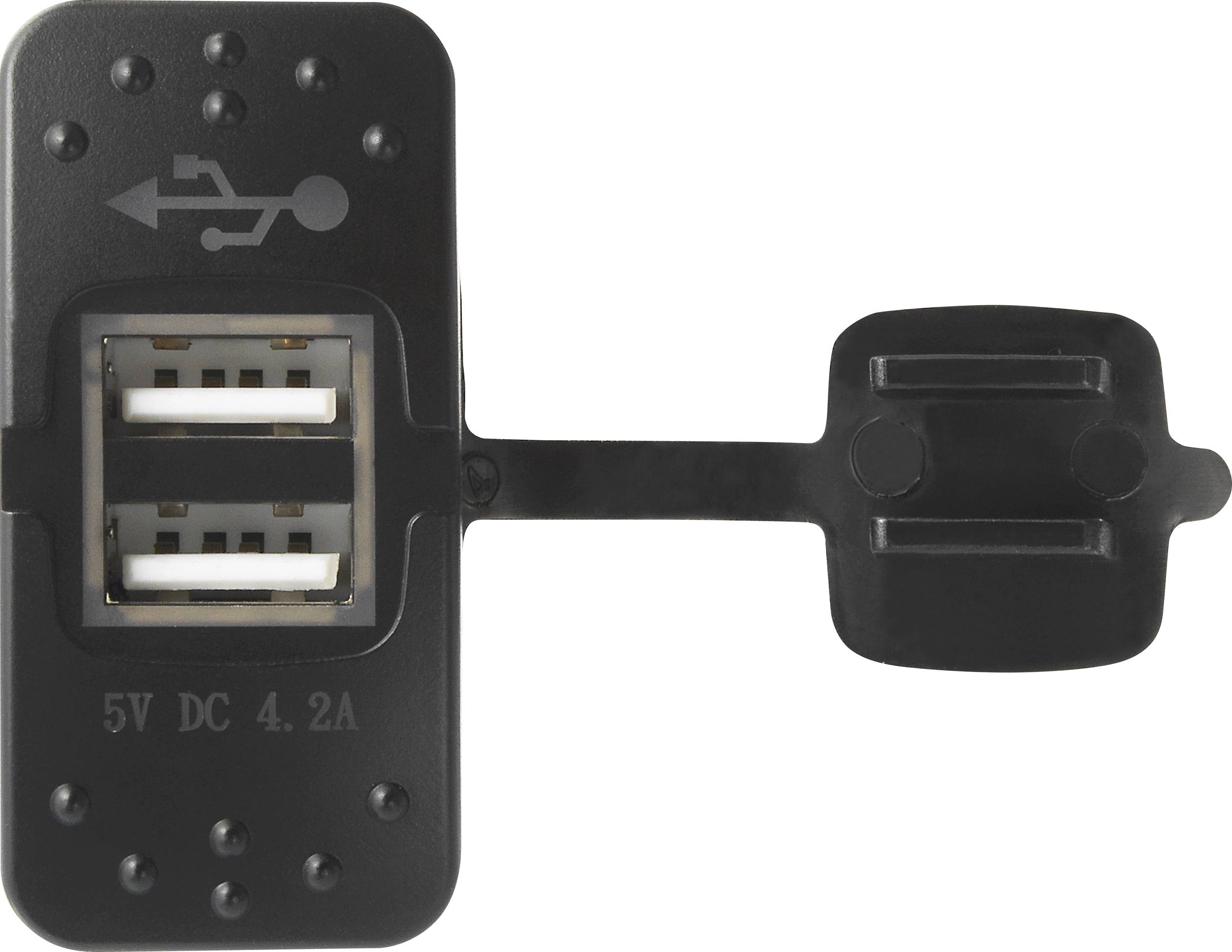 Schwarzes USB-Ladegerät mit zwei USB-Anschlüssen, Aufschrift '5V DC 4.2A' darunter, Schutzkappe seitlich angebracht.