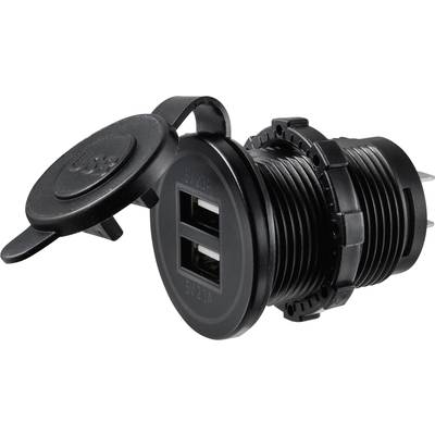 Schwarze USB-Anschlussbuchse mit zwei Steckplätzen und Deckel, geeignet zum Einbau in Geräte oder Möbel für einfache Stromversorgung.