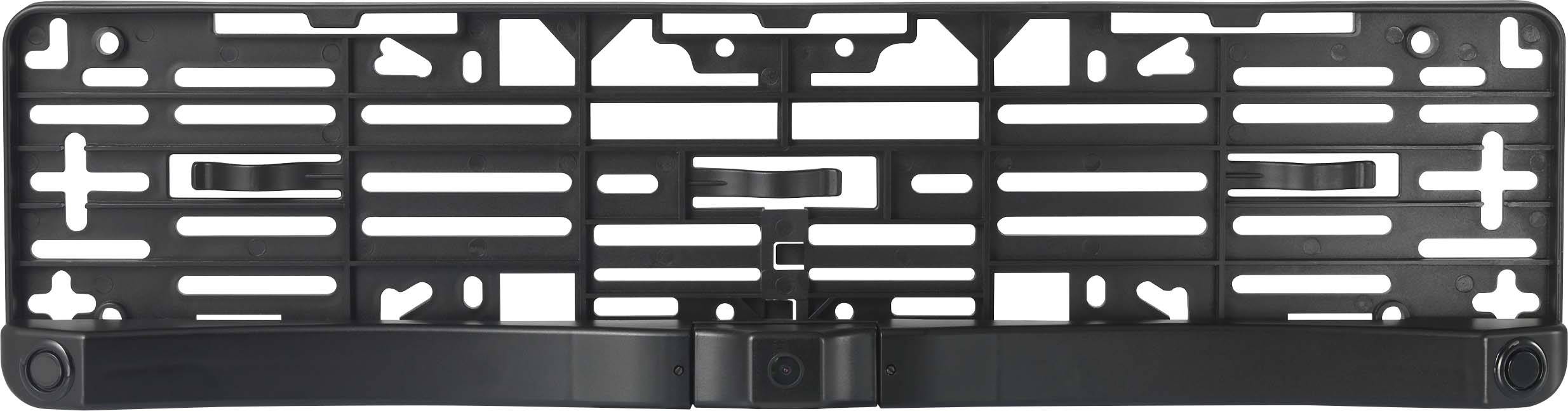 Ein schwarzer Nummernschildhalter aus Kunststoff mit mehreren Streben und Befestigungspunkten.